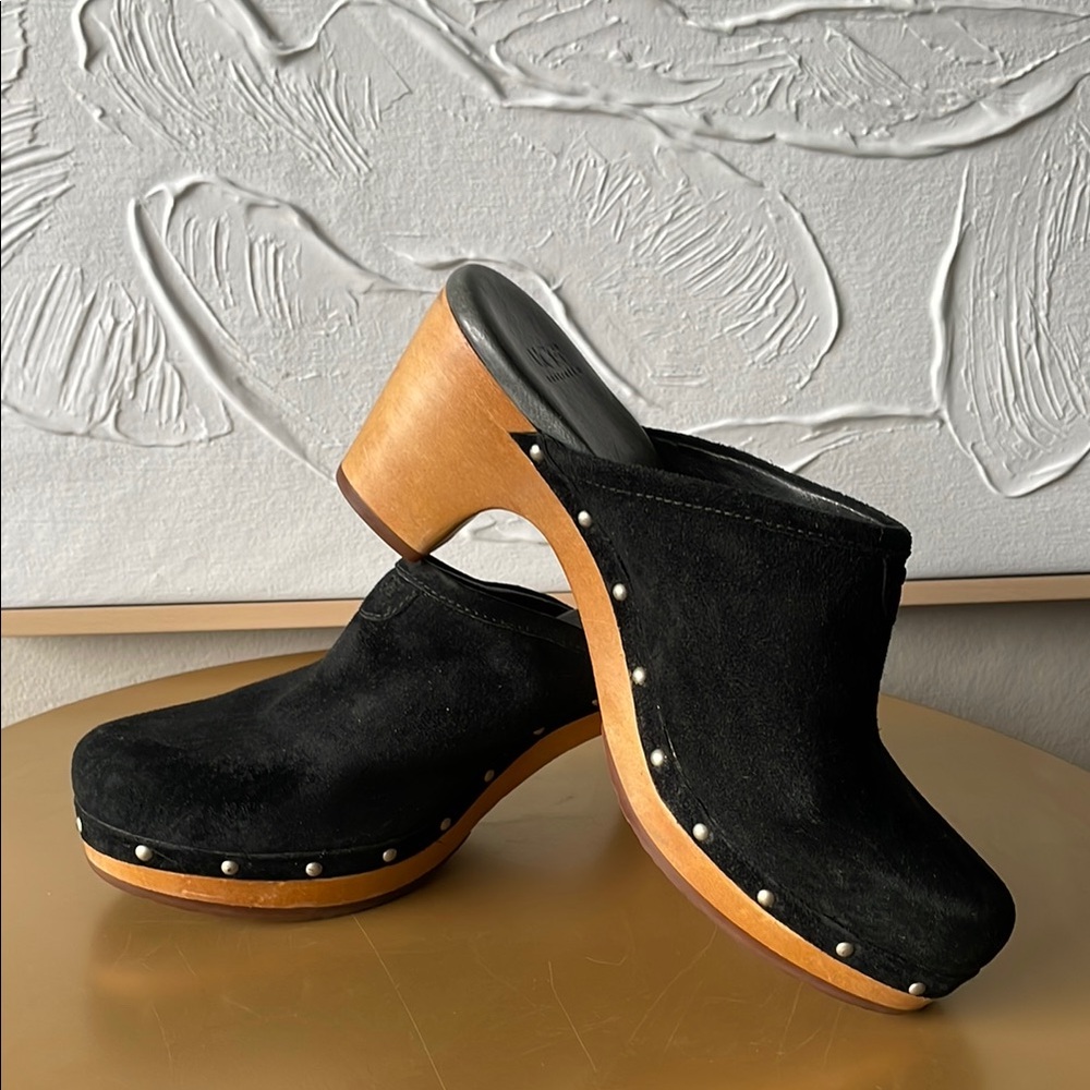 UGG Black and Brown Mules with Studded Wooden Sole, Women’s 8